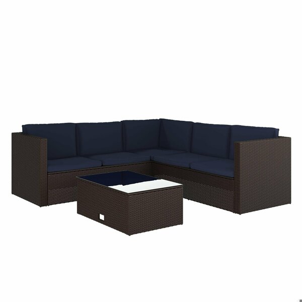 Flash Furniture Roan Indoor/Outdoor L-Shaped Sectional w/Coffee Table in Brown Wicker PE Rattan w/Navy Cushions BN-WS404-NV-BR-GG